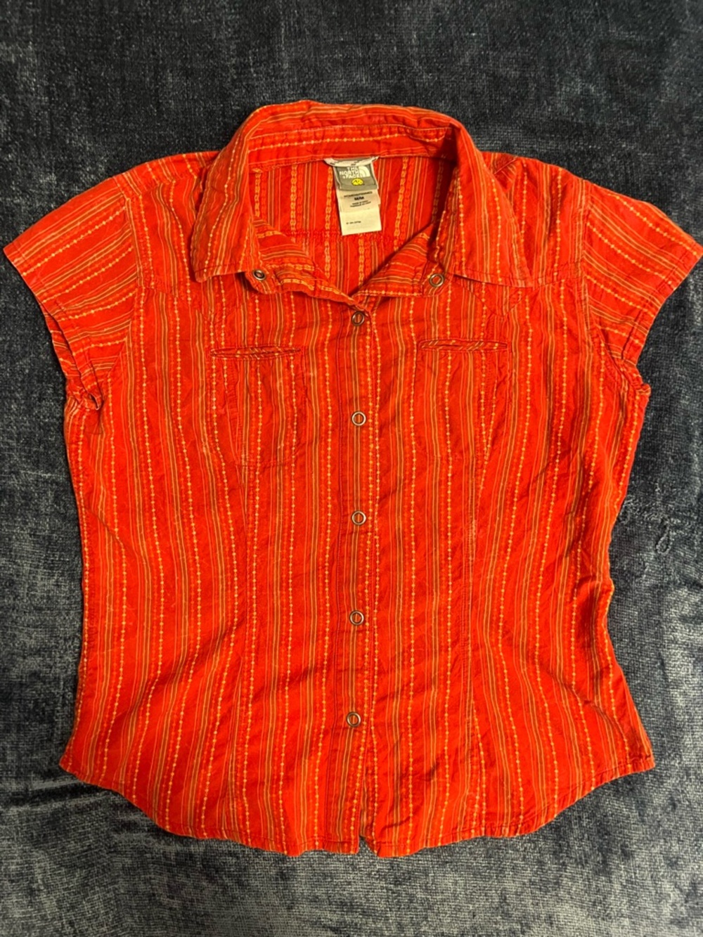 North Face Women's Short-Sleeve Button Front Shirt - Red Striped - Size M